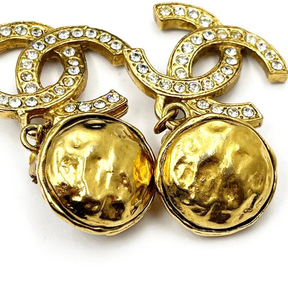 Chanel Vintage Gold Plated Round Texture CC Crystal Dangle Clip on Earrings - Picture 4 of 5
